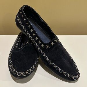 Hush Puppies Navy Blue Moccasins with Tan Stitching
